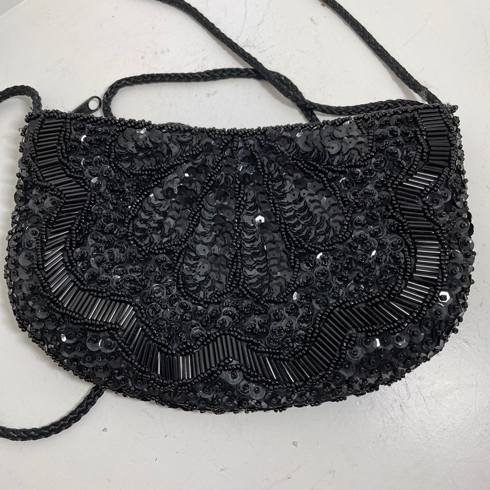 Lovely Joan Bari Vintage Black Beaded Sequin Evening Clutch Purse Crossbody Bag